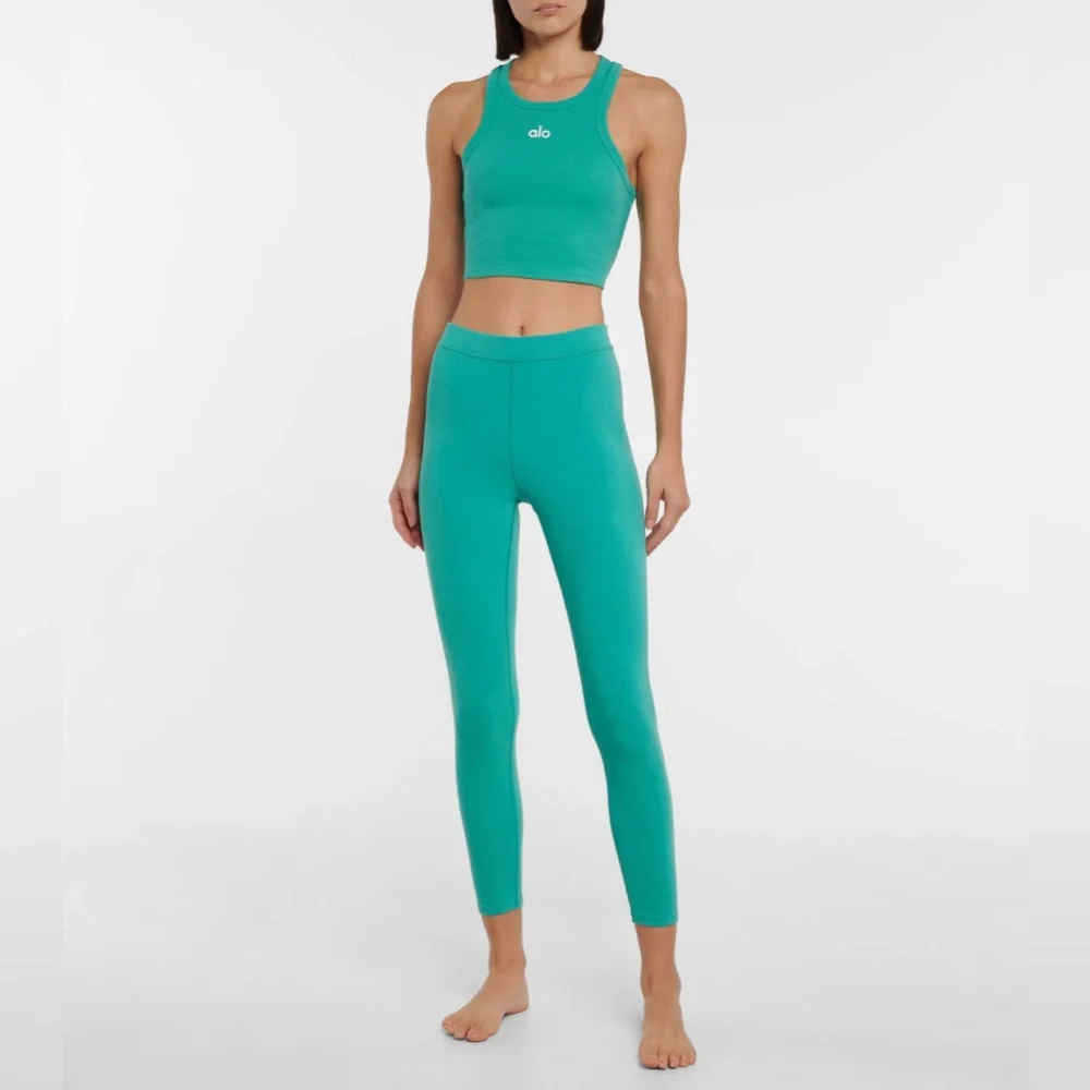 ALO YOGA Ribbed High-Waist 7/8 Blissful Legging - Emerald Green teal turquoise